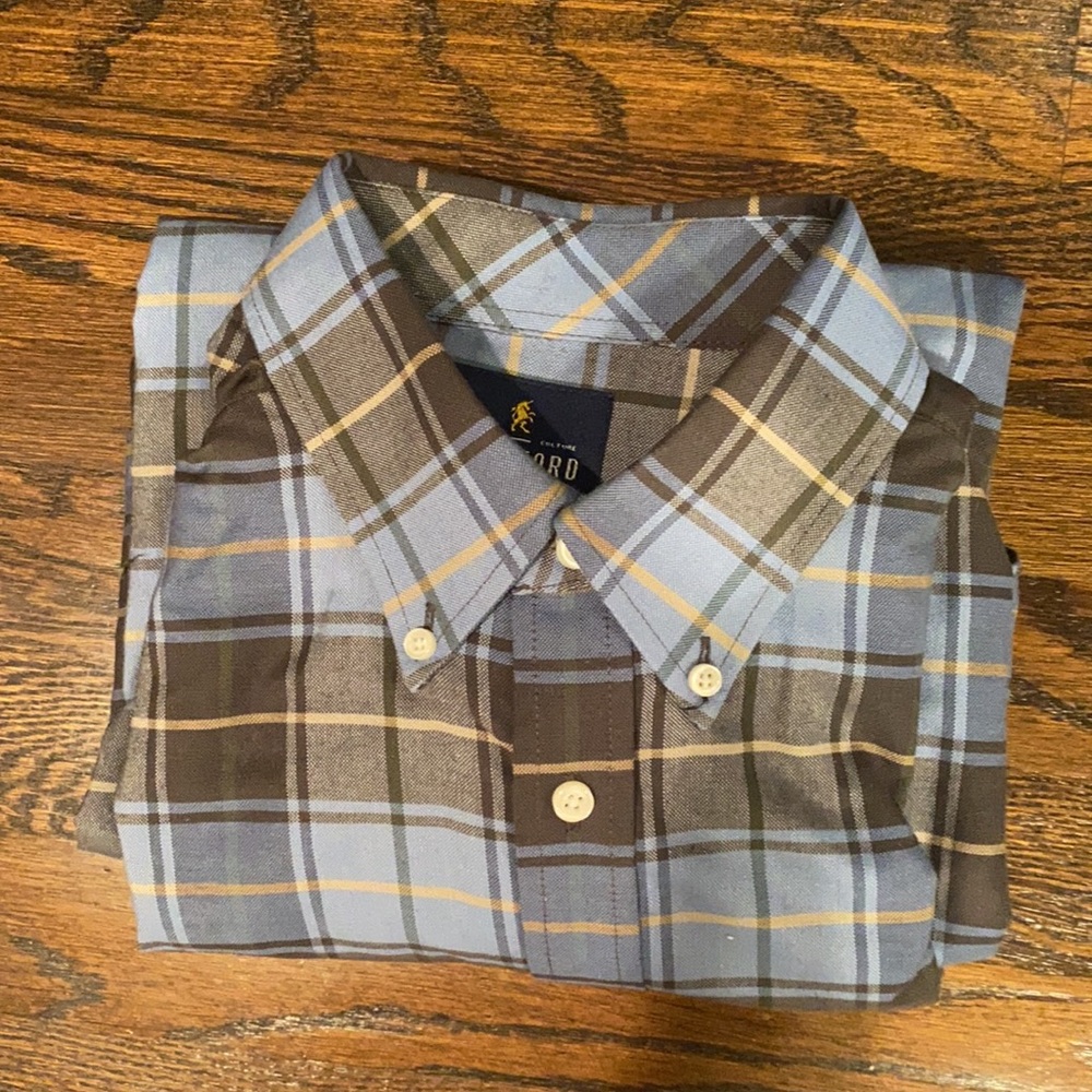 Men’s Blue and Brown Plaid Dress Shirt